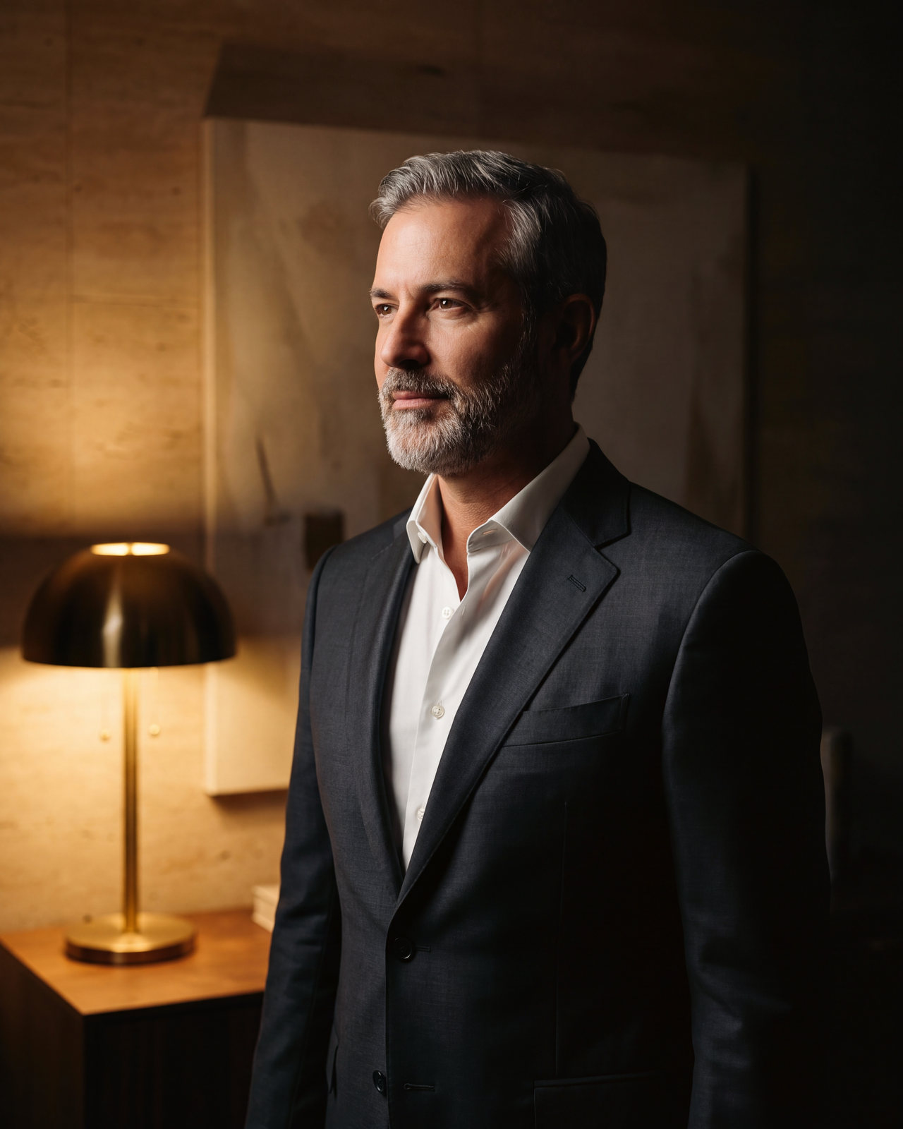 A distinguished surgeon in his private consultation suite, half in lamplight, half in shadow