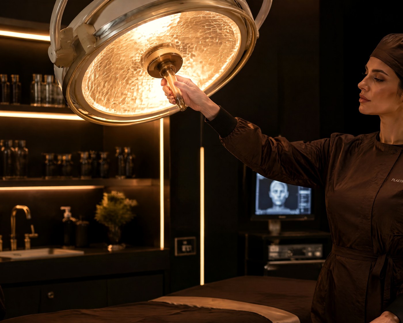 A surgeon in an espresso gown beneath a sculptural champagne surgical light